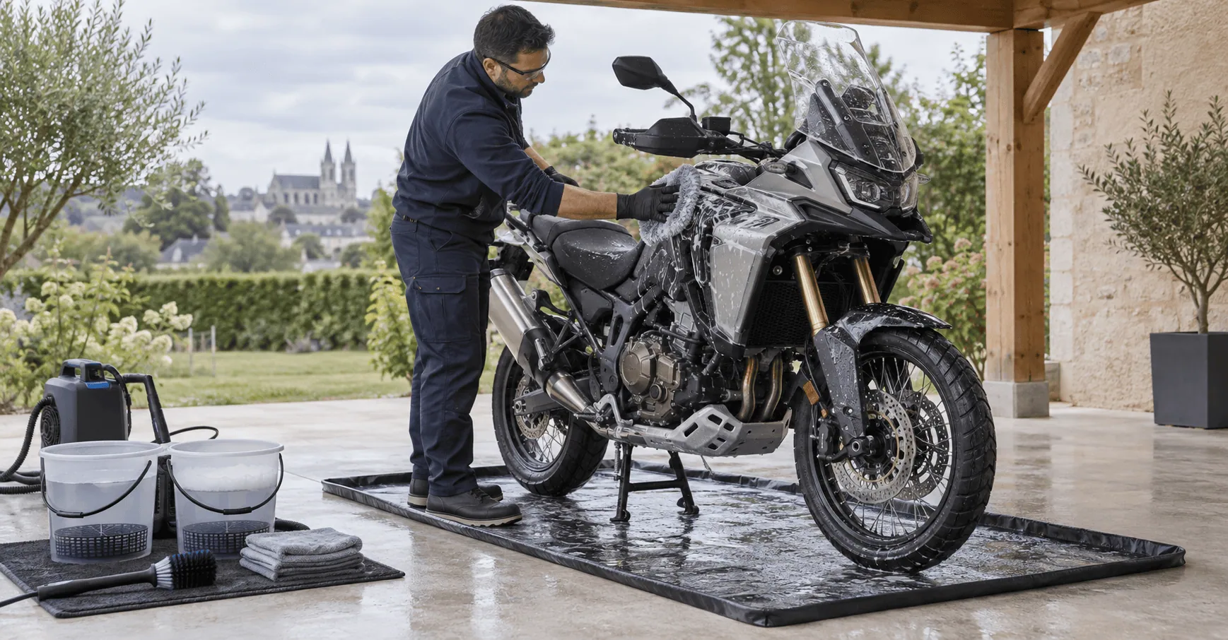 Nettoyage professionnel d’une moto — visuel à remplacer par une photo réelle