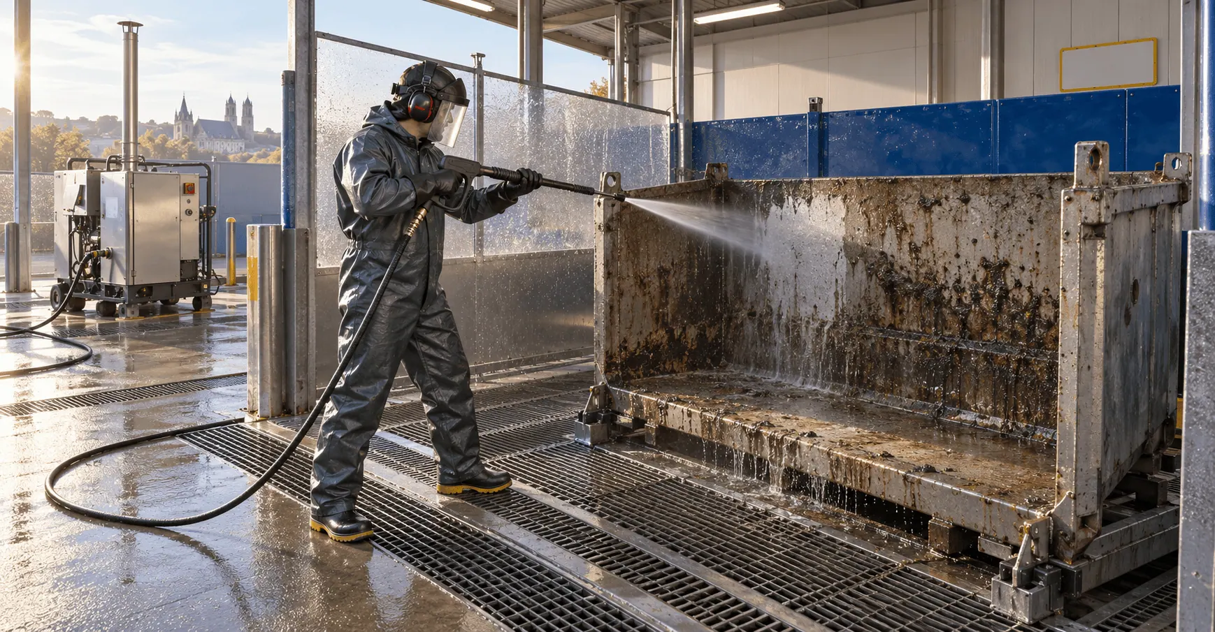 Nettoyage industriel haute pression d’une surface professionnelle