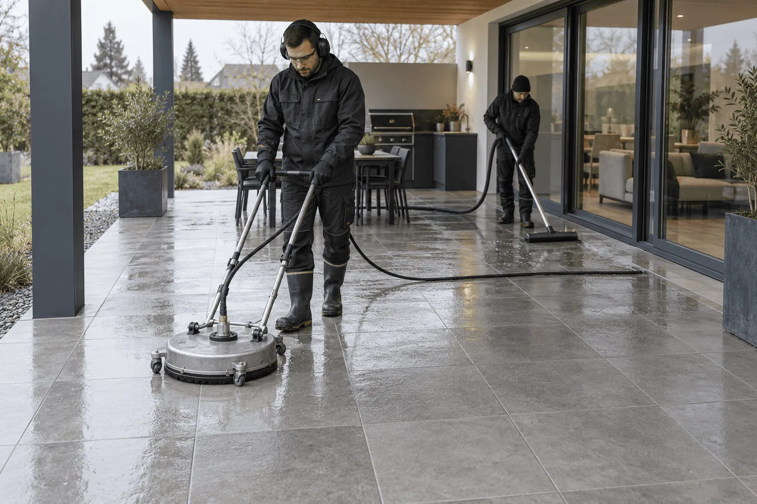 Terrasse en pierre ou carrelage extérieur à nettoyer — visuel à remplacer par une photo réelle